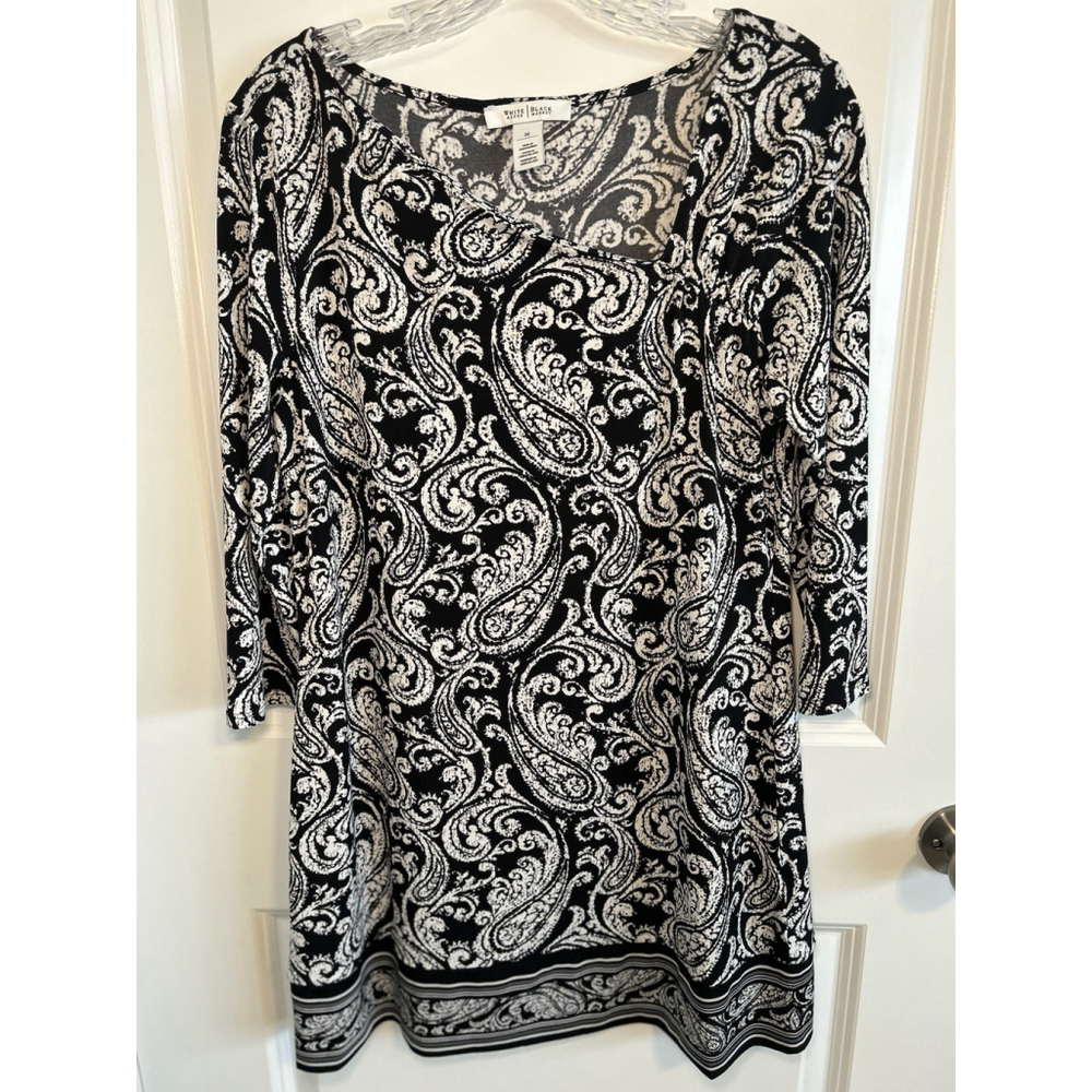 White House Black Market Paisley Dress Asymmetrical Neckline 3/4 Sleeve Sz M